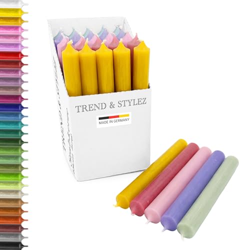 Stabkerzen 18 cm bunt sortiert | 25er Set Tafelkerzen Ø22 mm Made in Germany | Premium Qualität | Spitzkerzen rußarm & tropfarm lange Brenndauer Dinnerkerzen für Kerzenständer (Sortierung - 1)