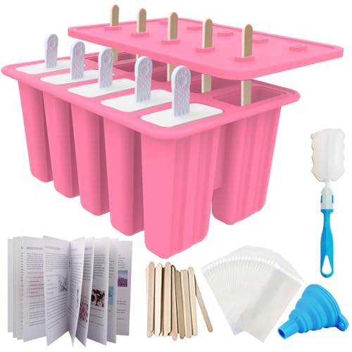 Image of 10-Cav Popsicle Molds, Silicone Ice Pop Mold for DIY Frozen Treats | with 10 Reusable Sticks, 50 Wooden Sticks, 50 Storage Bags, Funnel, Brush, Recipe, Make Healthy Pops, Smoothies, Juice