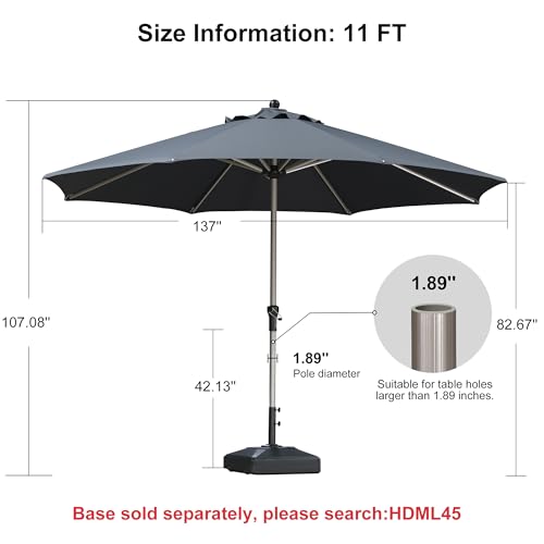 Image of PURPLE LEAF Patio Umbrella 11 FT Round Large Aluminum Frame Grey