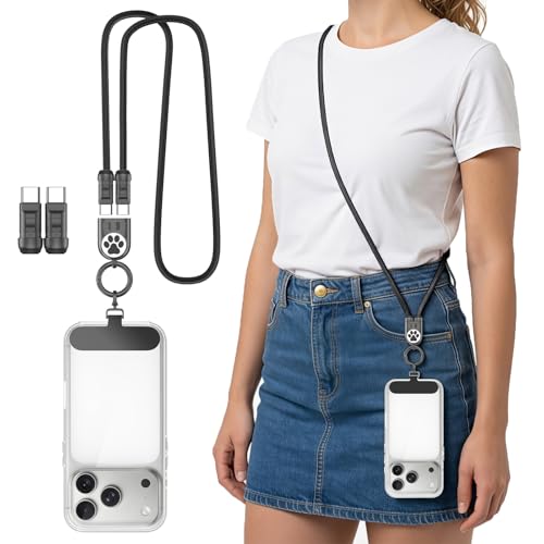 MoKo Phone Lanyard Crossbody Charging Cable USB-C to USB-C Cable with 240W Fast Charging 3.93FT Anti Theft Phone Strap for iPhone/Samsung/Android Daily & Outdoor Activities Cute Paw Print Black