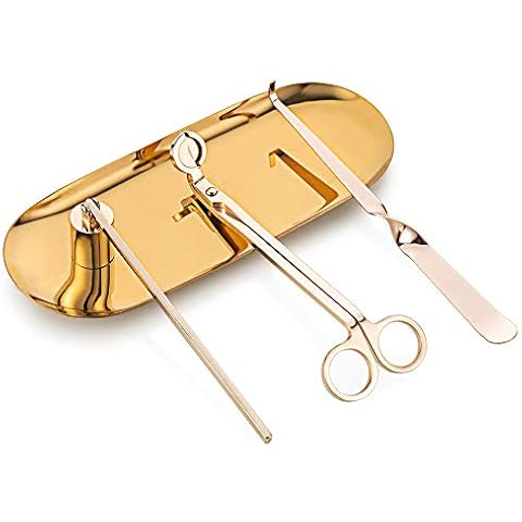 Aimto Candle Snuffer Accessory Set 4 in 1 - Candle Snuffer, Wick Trimmer, Wick Dipper and Plate Tray for Putting Out Extinguish Candle Wicks Flame Safely (Gold) Cover