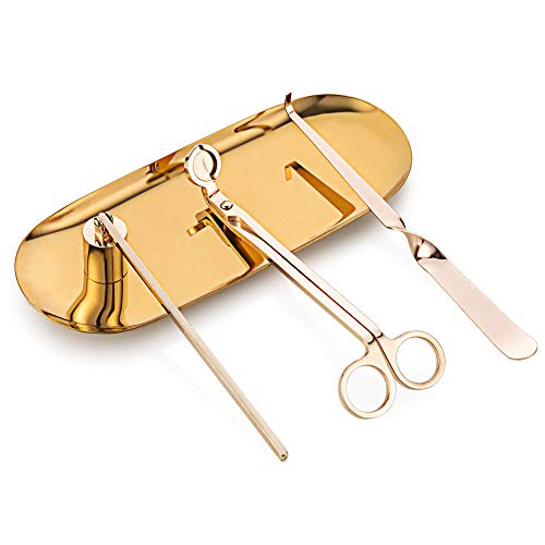 Aimto Kerzenlöscher-Zubehör-Set 4-in-1 - Kerzenlöscher, Dochtschneider, Dochtlöffel und Tellerablage zum Auslöschen von Kerzen, Dochten, Flammen sicher (Gold) Cover