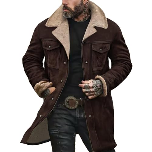 Eynuo Trench Coat Men Western Cowboy Vintage Suede Jacket Faux