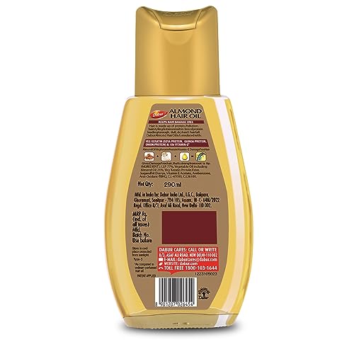 Image of Dabur Almond Hair Oil with Almonds, Soya Protein and Vitamin E for Non Sticky, Damage free Hair, 500ml with 200ml Pack Free