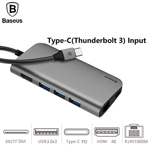 Baseus 8in1 USB-C Type-C to SD/TF Card Reader, 4K HDMI, 3 x USB 3.0, 1000M Ethernet and PD 20V 3A Fast Charging Port, 8-in-1 USB C HUB Adapter for New Smartphone, Chromebook, MacBook and Laptop.