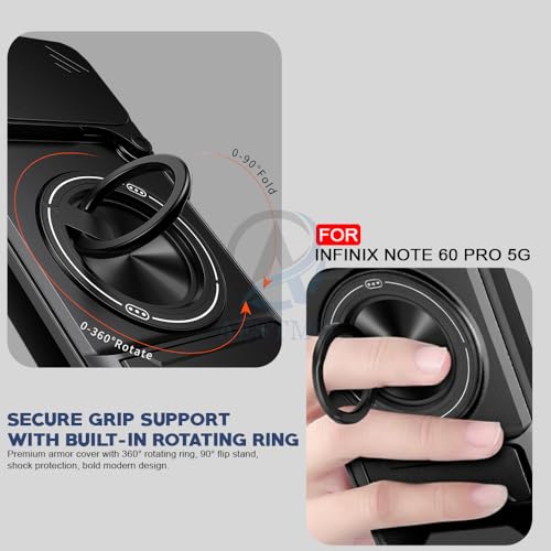 Image of AESTMO Infinix Note 60 Pro 5G Back Cover | Armor Camera Slider 360 Degree Rotating Finger Ring Holder Case with Bracket Stand Back Case Cover (Compatible with MagSafe Accessories) (Black)