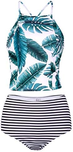 Women Lace Up Tankini Swimsuit Criss Cross Back High Neck Two Piece Bathing Suit Padded High Waist Swimwear