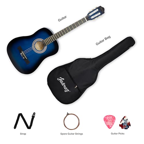 Image of Juarez 38 Inch Classical Guitar with Nylon Strings for Beginners, Finger-Friendly Full Size Guitar Kit with Bag, Picks, Strap & Extra Steel Strings for Upgrade, TBS
