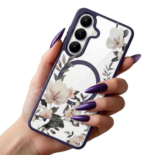Image of VONZEE Compatible with Samsung Galaxy S26 5G Case Luxury Retro Flowers Floral Clear for Magnetic Wireless Charging Case Shockproof PC+TPU Cute Glossy Shiny Cover for Girls Women, Deep Purple