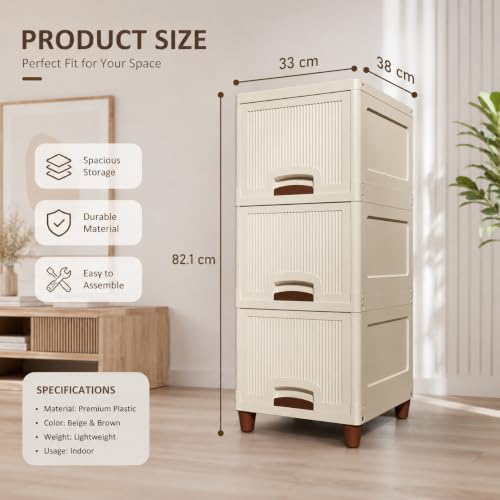 Image of Plastic Wardrobe for Clothes, Multipurpose Storage Cupboard Organizer Almirah with Shelves for Bedroom, Kids Room, Home & Office, (Ivory Drawer) (3 Layer)