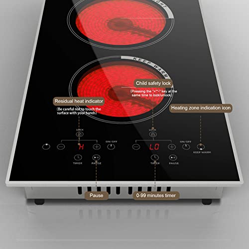 12 Inch Electric Cooktop 2000W, Cooksir 110V Built-In And Countertop Electric Stove Top, 2 Burners Ceramic Cooktop With Child Safety Lock, Residual Heat Indicator, Timer, Sensor Touch #TOP2