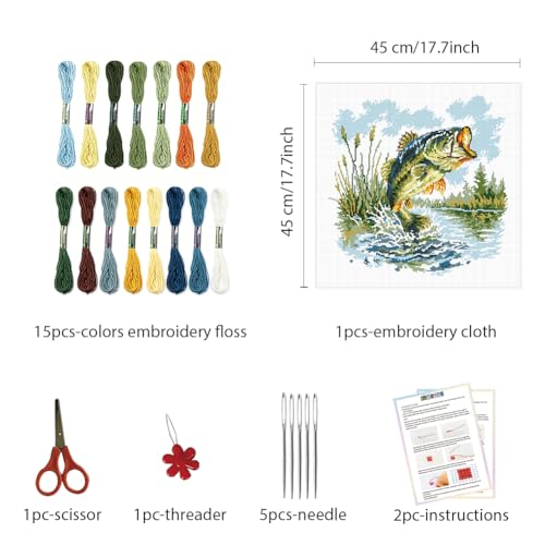 Image of FREEBLOSS 11CT Cross Stitch Kit Stamped Cross Stitch Craft Kit with Stitching Guide for Beginners Fishing Lake Scene Embroidery Set Crossstitch Wall Hanging Set 17x17inch