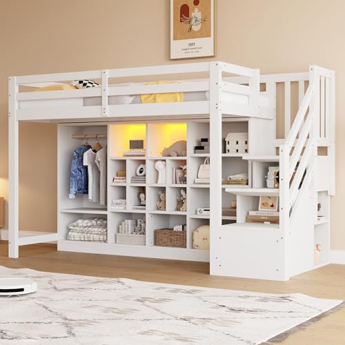 LZPUOUI Estructura de Cama Alta de Madera 90x200cm con Armario y Sistema de Iluminacion como Marco de Gran Capacidad de Almacenamiento y Base de Soporte para Somier de Dormitorio Blanca