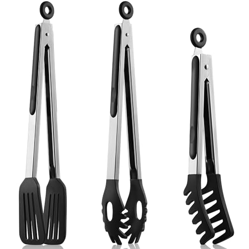 3 PCS Kitchen Tongs with Silicone Tips, 9 & 12-Inch Heat Resistant Silicone Tongs for Cooking Stainless Steel Spaghetti Tong Pasta Tong for Serving Food, Spaghetti, Pasta, BBQ, Salad (3 PCS)