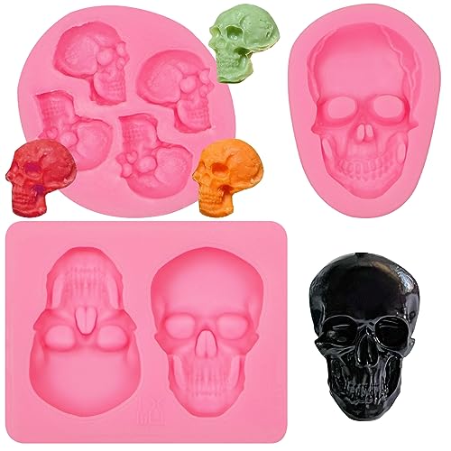 3D Skeleton Skull Halloween Silicone Fondant Molds 3 Pcs Halloween Party Chocolate Candy Clay Moulds for for Cake Decoration Sugar Cupcake Topper Cake Pop Popsicle Polymer Clay Crafts