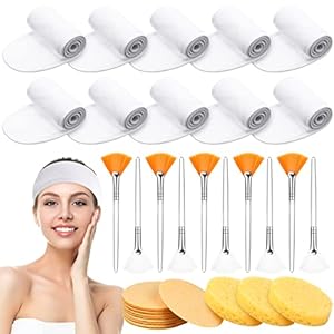 10 Pcs Spa Facial Headband Makeup Head Wraps for Facials and 50 Pcs Compressed Facial Sponges 10 Pcs Facial Fan Brushes, White Towel Head Wrap 3 in 1 for Face Wash Facial Set for Mask, Makeup Removal