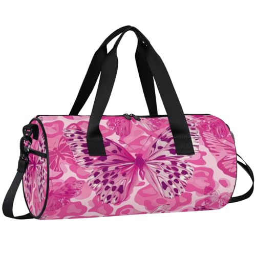 Leopard Pattern Butterflies Round Barrel Sports Fitness Bag, Pink Travel Luggage Bag, Reusable Handbag, Suitable For Men and Women