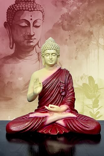Image of Beautiful Sitting Buddha Idol Statue for Home & Garden Living Room | Healing Spirit Blessing Buddha Statue - 15 Inch Size (Maroon + Cream)