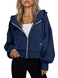 Trendy Queen Hoodies for Women Full Zip Up Cropped Sweatshirts Jackets Casual Comfy Gym Tops Fall Outfits Winter Clothes 2025 Navy XL