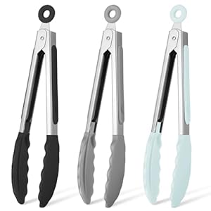 Hotec Mini Silicone Kitchen Tongs for Cooking – 7-Inch Small Serving Tongs with Silicone Tips, Set of 3 (Black,Grey,Light Blue)
