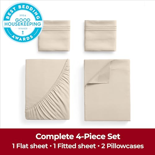 Image of Mellanni Extra Deep Full Sheets - 4 PC Iconic Collection Bedding - Hotel Luxury, Ultra Soft, Cooling Bed Sheets - Wrinkle, Fade, Stain Resistant (Full, Beige)