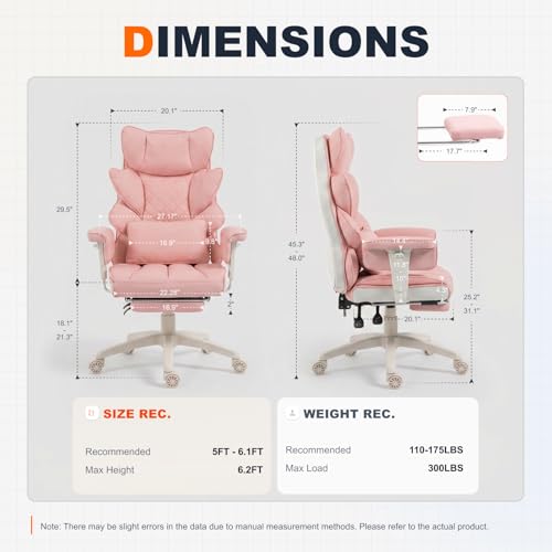 Image of Dowinx Big and Tall Office Chair with Pocket Spring Cushion,High Back Computer Gaming Chairs with Adjustable Armrests,Executive Desk Chairs with Lumbar Support and Footrest,PU-Pink