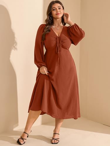 RWJ Fall Wedding Guest Dresses for Women Plus Size V Neck Long Sleeve Tie Front Cocktail Maxi Dress with Pockets4