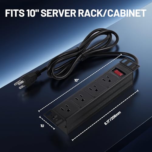 NodeQore 10 inch Rack PDU, 4 tomas traseras, protección contra sobrecarga de 15A y supresor de picos de 1020J, montaje en rack 1U para gabinetes y racks de 10'' mini servidor, cable de 1.83 m miniatura 5