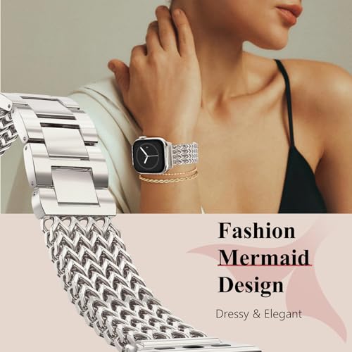 WINGLE Compatible for Apple Watch Band Women Series 12/11/10 46mm 45mm 44mm 41mm Series 9 8 7 6 5 4 SE 3 2 1 Designer Jewelry Dressy Stainless Steel Chain Link Bracelet Luxury iWatch Band, Starlight by WINGLE - Used condition - Image 2