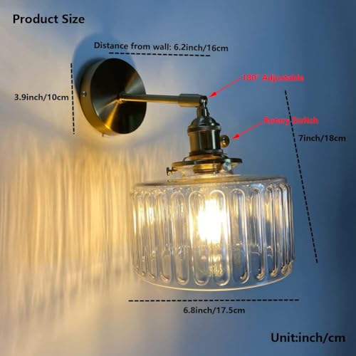 Image of Vintage Wall Sconces with Switch Ribbed Glass Shade Modern Brass Wall Light Fixtures 180Adjustable Bedside Wall Mounted Lamp for Bedroom Bathroom Living Room Farmhouse Vanity (Transparent)