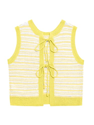 Image of Yousify Womens Short Sleeve Summer Tops Tie Back Sweaters Vest Dressy Casual T Shirt Lightweight Pullovers Yellow L