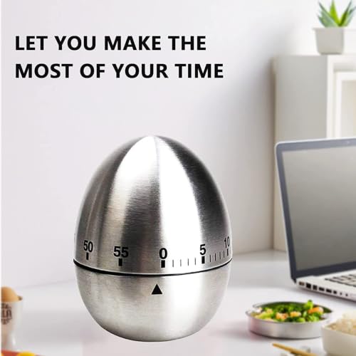 Image of Stainless Steel Egg Kitchen Timer | 60-Minute Mechanical Countdown Timer with Loud Alarm | Egg-Shaped Rotating Manual Timer for Cooking, Baking, Study & Pomodoro (Brushed Silver)