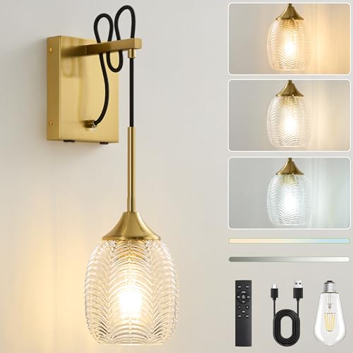 Image of Battery Operated Wall Sconce Rechargeable Wall Light with Dimmable Bulbs Cordless Wall Lamps with Striped Glass Lampshade for Bedroom Living Room Hallway (Gold)
