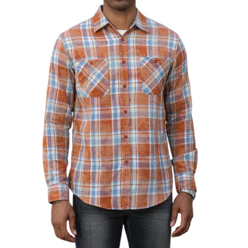 Image of WARHORSEE Flannel Shirt for Men Long Sleeve Button Down Plaid Shirts | Soft Cotton Blend for Multi-season Wear, Lightweight yet Warm, Dual buttoned storage pockets, Machine Washable Easy Care