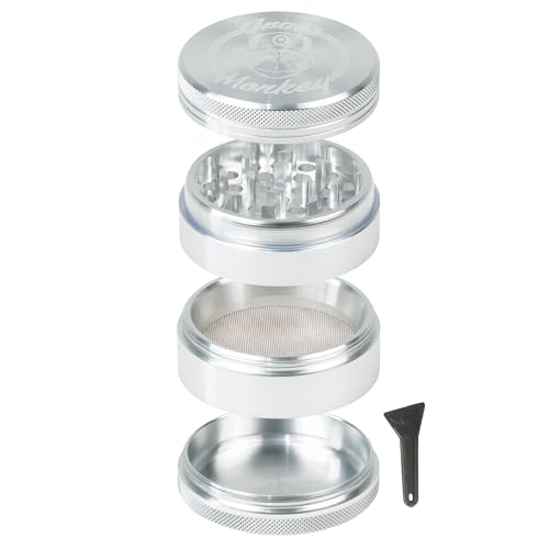 Grass Monkey Grinder in alluminio – 4 pezzi, Ø 5,5 cm – Robusto macinino per erbe con denti affilati e colino per polline, inclusa pala, argento