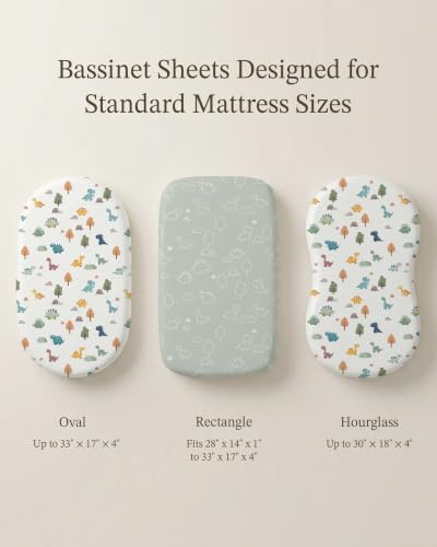 Image of Bassinet Sheets for Baby Girls Boys 2 Pack, Fitted Baby Mattress Sheet for Rectangle, Oval, Hourglass Bassinet Mattress, Breathable Cozy & Universal Fit (Sage Dino, Bassinet Sheet)