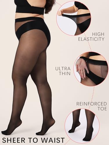 HONENNA Plus Size Sheer Tights for Women T Crotch Black Pantyhose Control Top Stockings4