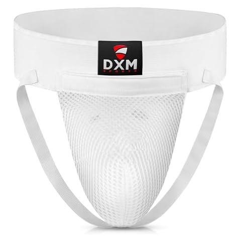 DXM SPORTS Boxing Groin Protector Men – Adjustable Groin Guard for Kickboxing, Taekwondo Sparring Gear, Muay Thai, Martial Arts Training – Mesh, White - L Cover