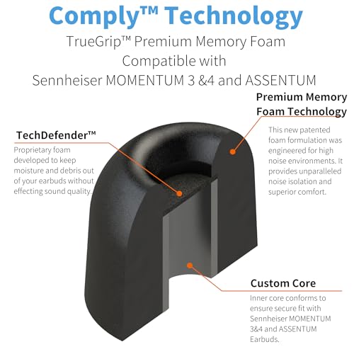 Image of Comply TrueGrip Premium Memory Foam Replacement Ear Tips, Black, Medium | 3 Pairs, for Sennheiser Momentum 3, 4, ACCENTUM, Enhanced Comfort, Secure Fit, Superior Noise Isolation, Cleaning Tool