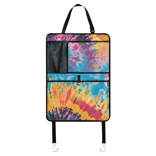 JIPONI Car Backseat Organizer, Tye-dye Rainbow Automotive Back Seat Protector, Kick Mats with Storage Pockets for Kids Pets, Road Trip Accessories