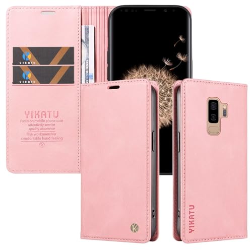 Funda Compatible con Samsung Galaxy S9 Plus Libro Fundas con Tapa Móvil Cuero Carcasa Magnética Tarjetero Protector Antigolpes Case/Ranuras Billetes/Acceso a Botones -Rosa