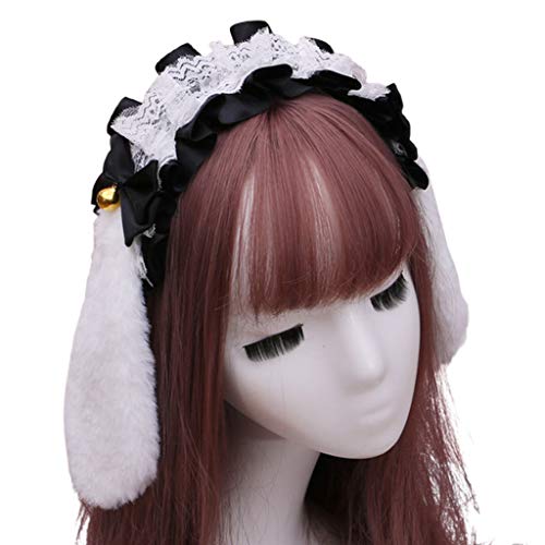 KAMONDA Tiara de cabelo Lolita com babados e laço para cosplay, orelhas de coelho e sino