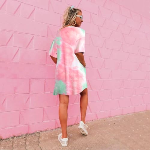 Image of MOUSYA Women Tie Dye Dress Short Sleeve T Shirt Dress Summer Casual Loose Mini Dress with Pockets