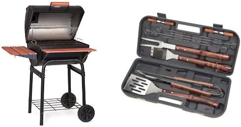 Barbacoa de carbónahumador de Char-Griller, pulgada cuadrada, Juego de utensilios para parrilla y parrilla, Negro