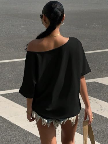 Image of SXV STYLE Women's Off-Shoulder T-Shirt, Short Sleeve, Casual Loose Fit, Black