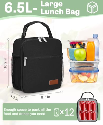 Neverwhy Small Lunch Box Insulated Lunch Bag for Men Women Kids, Reusable Lunch Bags Portable Small Lunch boxes Cooler Bag for School/Work/Picnic, Black 12-Can(6.5L) — view 2