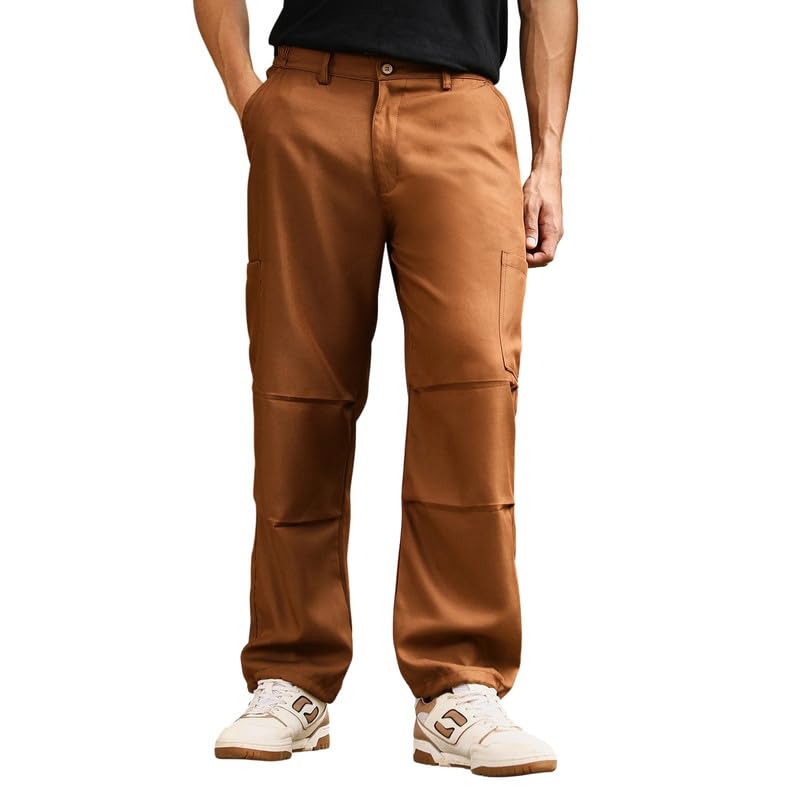Image of CAHOOT Men Trousers | Mid-Rise, Side-Elasticaed Stretch | Button, Straight Hem | Solid Twill | Woven Fabric for Casual & Street Wear | Russet Brown