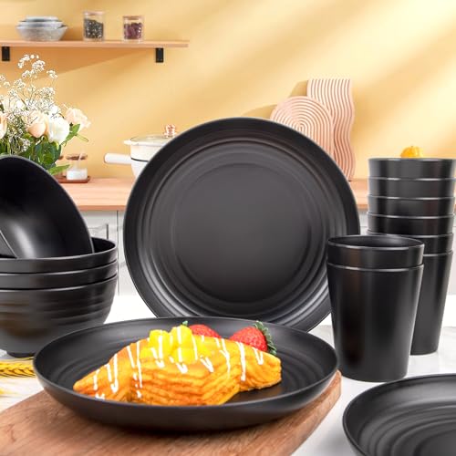 LIYH 36-Piece Black Wheat Straw Dinnerware Set for 12 - Image 5