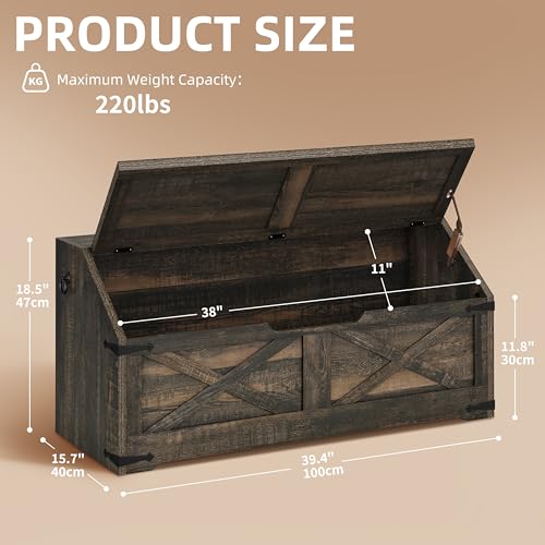 DWVO Storage Chest, Farmhouse Storage Bench with 4 Wheels, 39.4" Wood Storage Trunk with Safety Hinge, Sloped Design, Organizer for Living Room, Bedroom, Entryway, Dark Rustic Oak