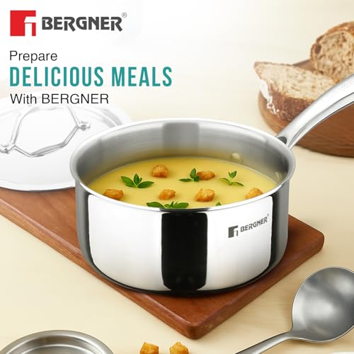 Image of Bergner Argent 20cm Triply Saucepan with Lid, Teapan /Milkpan with Stay Cool Cast Handle, Food Safe, Healthy Cooking, Faster and Even Heat Distribution, Easy to Clean - Induction and Gas Stove Ready
